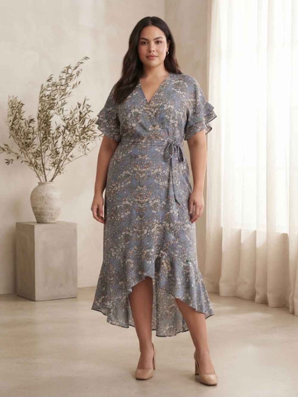 Max Studio Wrap Dress London Blue Floral Print Short Flutter Sleeves Plus Sz 1X - Picture 3 of 16